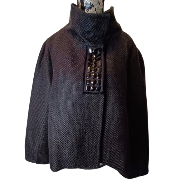 Nygard Collection Black Cowl Collar Pea Coat with Black beading design on lapel - Picture 1 of 15